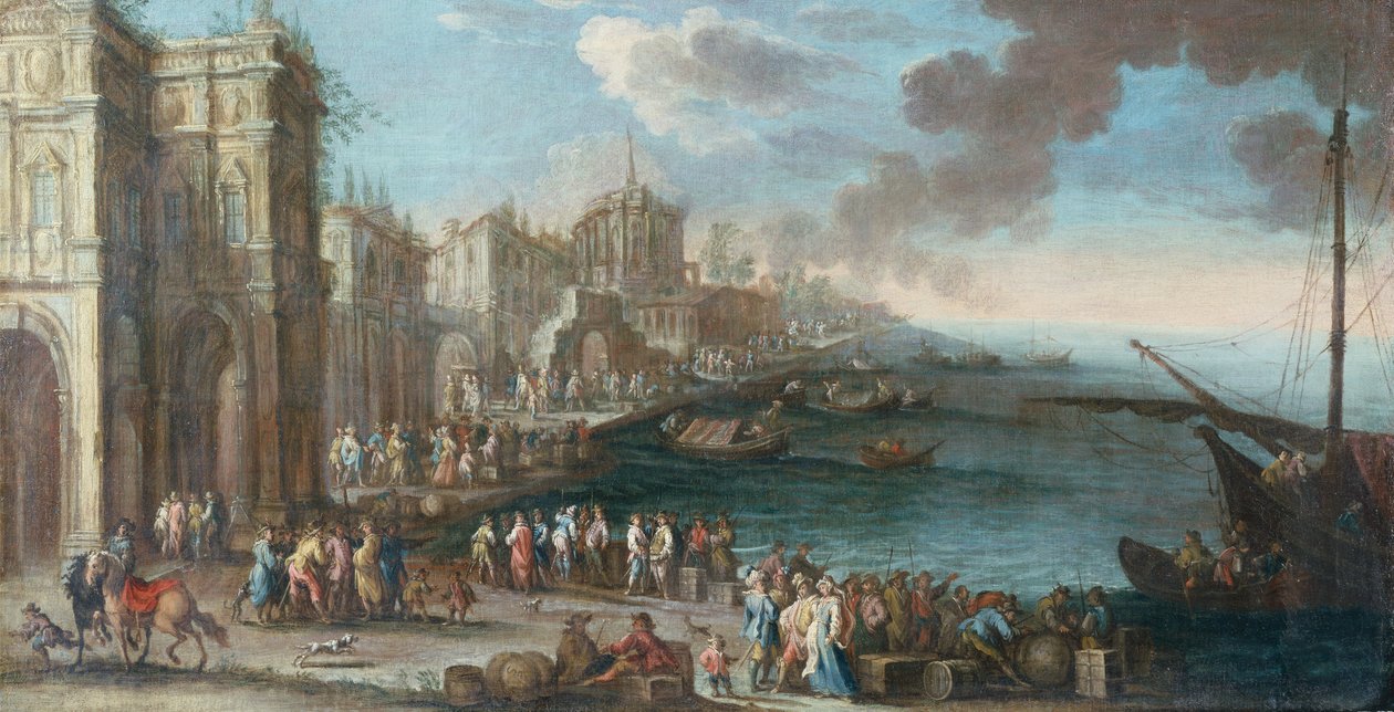 Capriccio eller en medelhavsbrygga (olja på duk) av Gherardo Poli