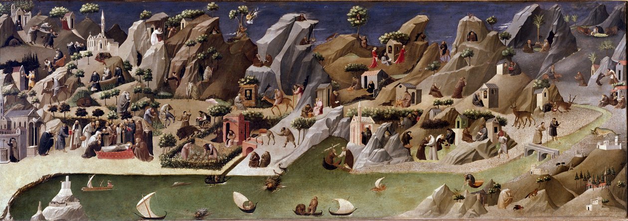 La thebaide des eremiter Beskrivning av eremiternas liv i öknen - Detrempe på trä som tillskrivs Gherardo Starnina (1300-1400-talet). 1400 ca. Dim 2x0,8 m Florens, galleria degli uffizi (Uffizi) av Gherardo Starnina