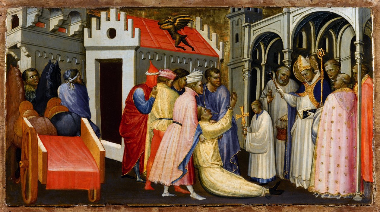 Saint Hugh of Avalon (1140-1200) eller Saint Hugh of Lincoln exorciserar en man besatt av djävulen - Saint Hugh of Lincoln exorciserar en man besatt av djävulen - Målning av Gherardo Starnina (ca 1364-1413) - 1404-1407 - Tempera på panelen - 28,4x50,4 - av Gherardo Starnina