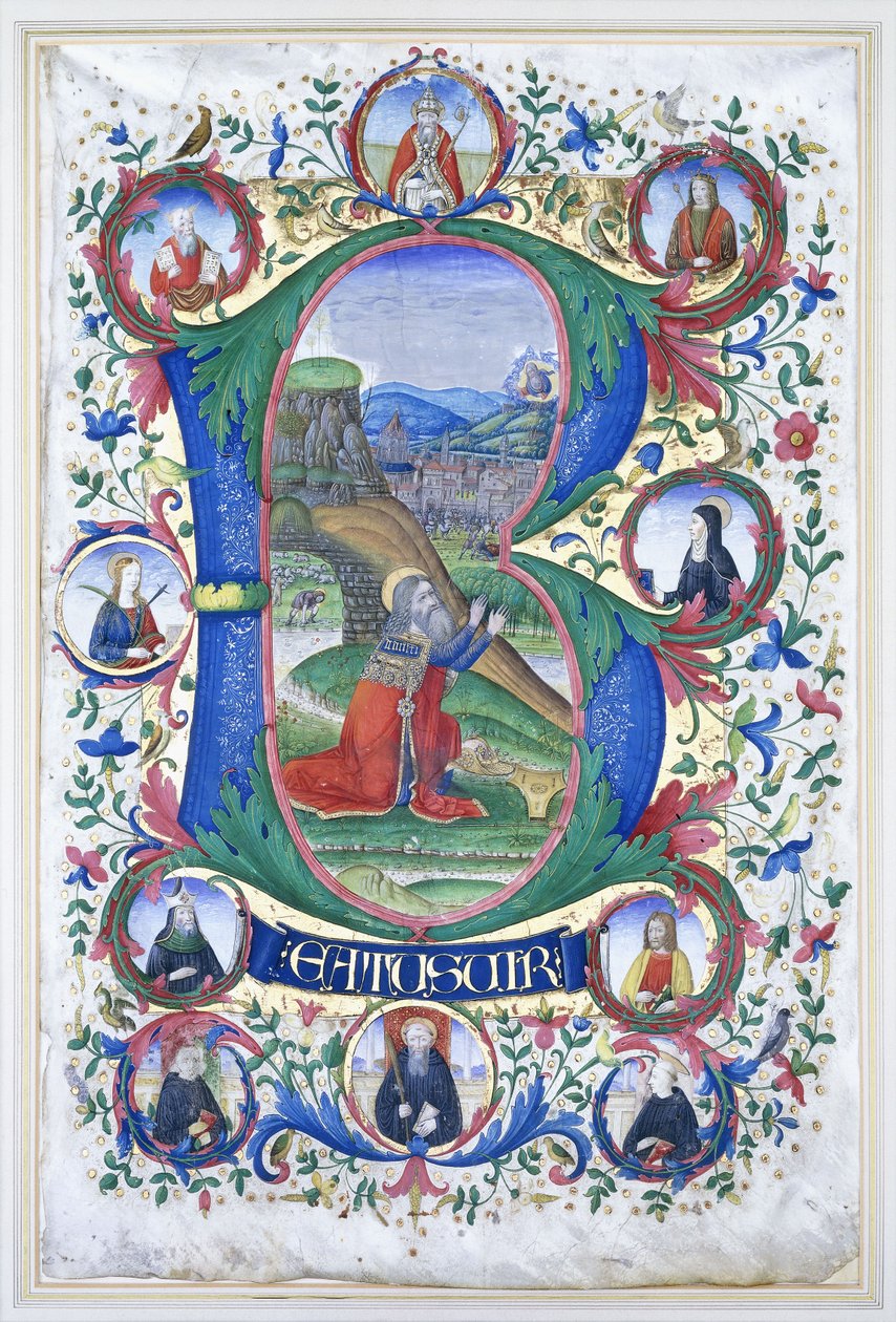 Kung David vid bön inom ett mycket stort initialt "B", omringen med tio stora rundlar som vardera innehåller porträttet av ett helgon, ca 1500 av Gherardo di Giovanni del Fora