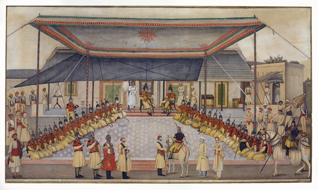 Överste James Skinner håller en regementes durbar, 1827 (wc med gouache på papper) av Ghulam Ali Khan
