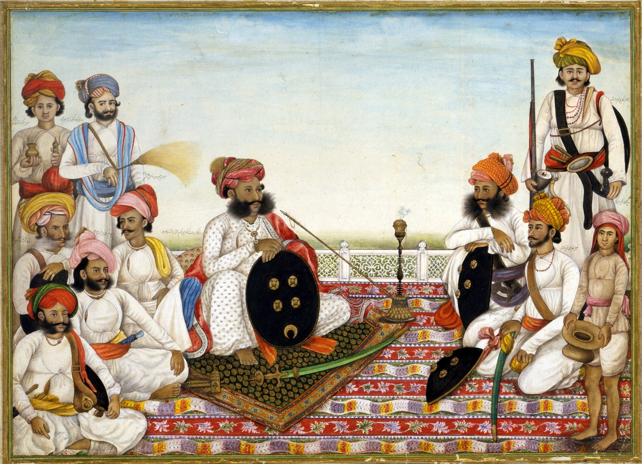 Thakur Dawlat Singh bland hovmän, ca 1825 av Ghulam Ali Khan