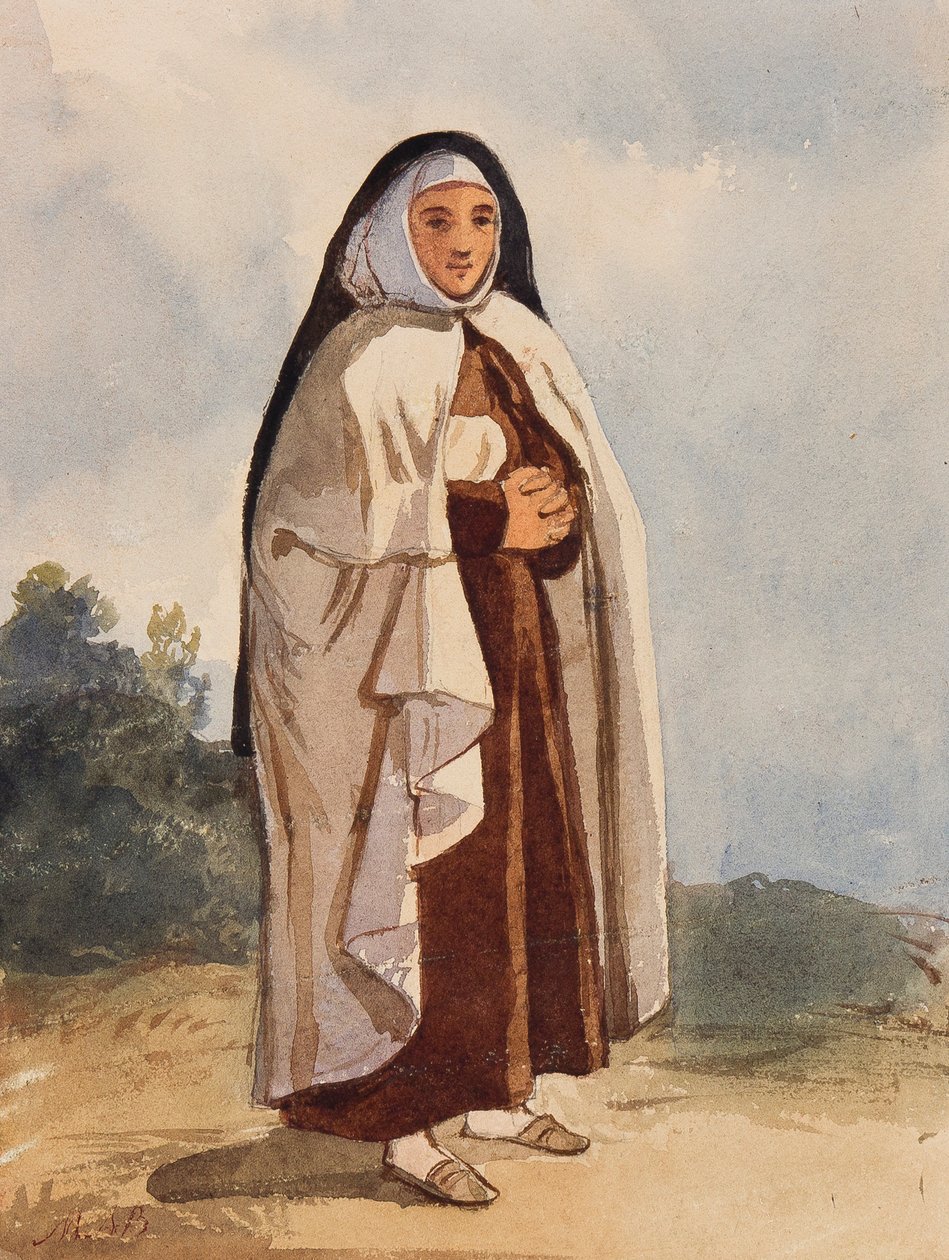 En nunna, med tillägg av prinsessan Maria Annunziata di Borbone (1843-1871) (penna och wc på papper) av Giacinto Gigante