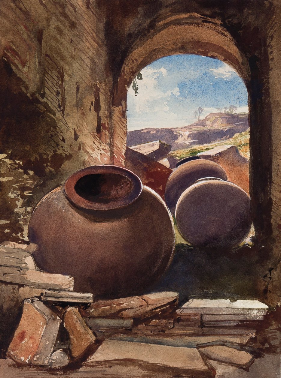 Amforor i en ruin, med tillägg av en Borbone-pupill (penna, wc och gouache på papper) av Giacinto Gigante