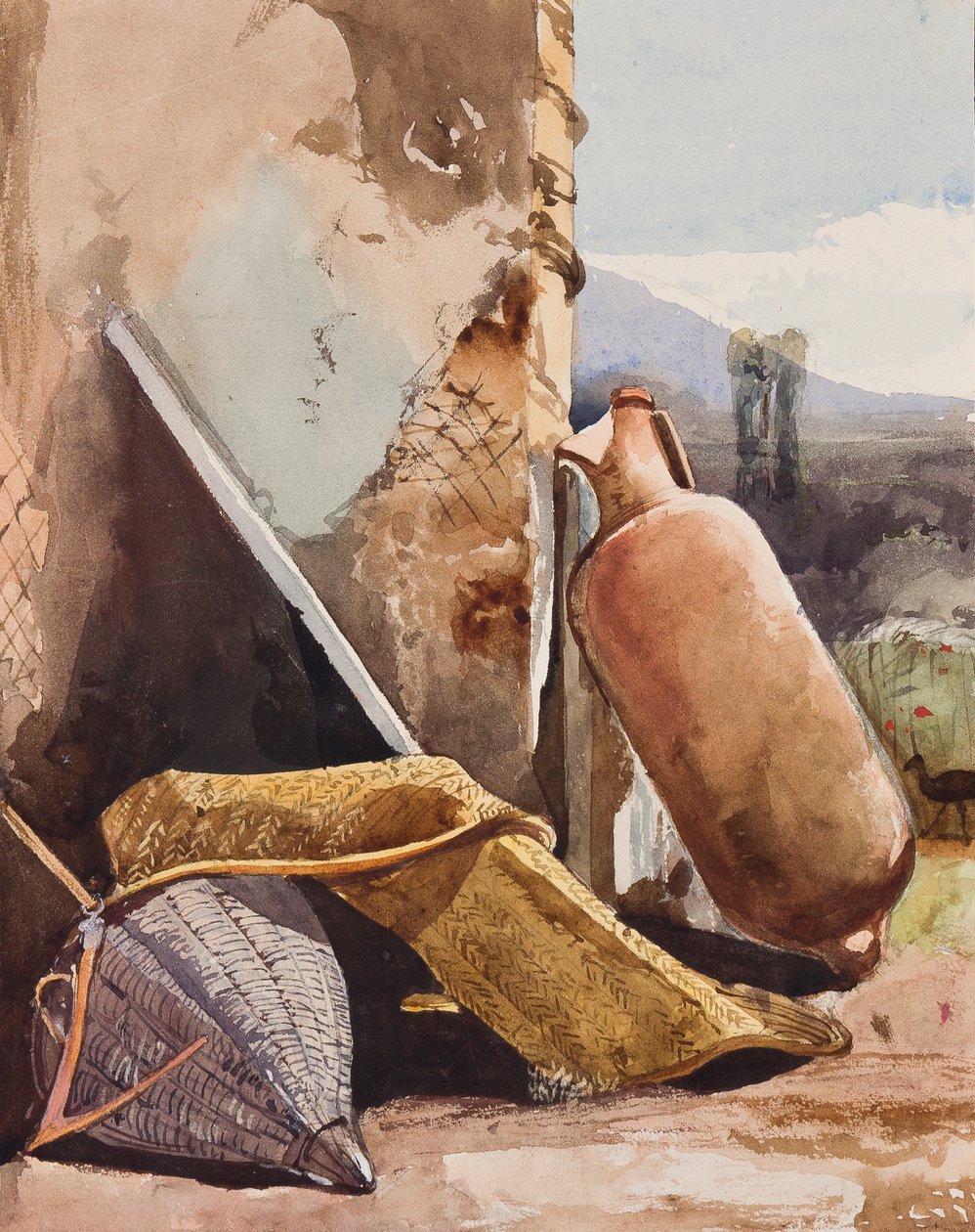 Korgar och amfora med fågel, med tillägg av en Borbone-pupill (penna, wc och gouache på papper) av Giacinto Gigante
