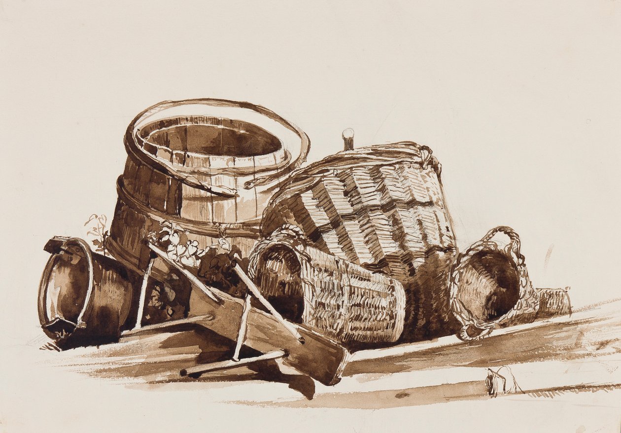 Korgar, fat och bänk, kopierade från ett verk av Achille Vianelli (1803-1894) (penna och sepia tvättar på papper) av Giacinto Gigante