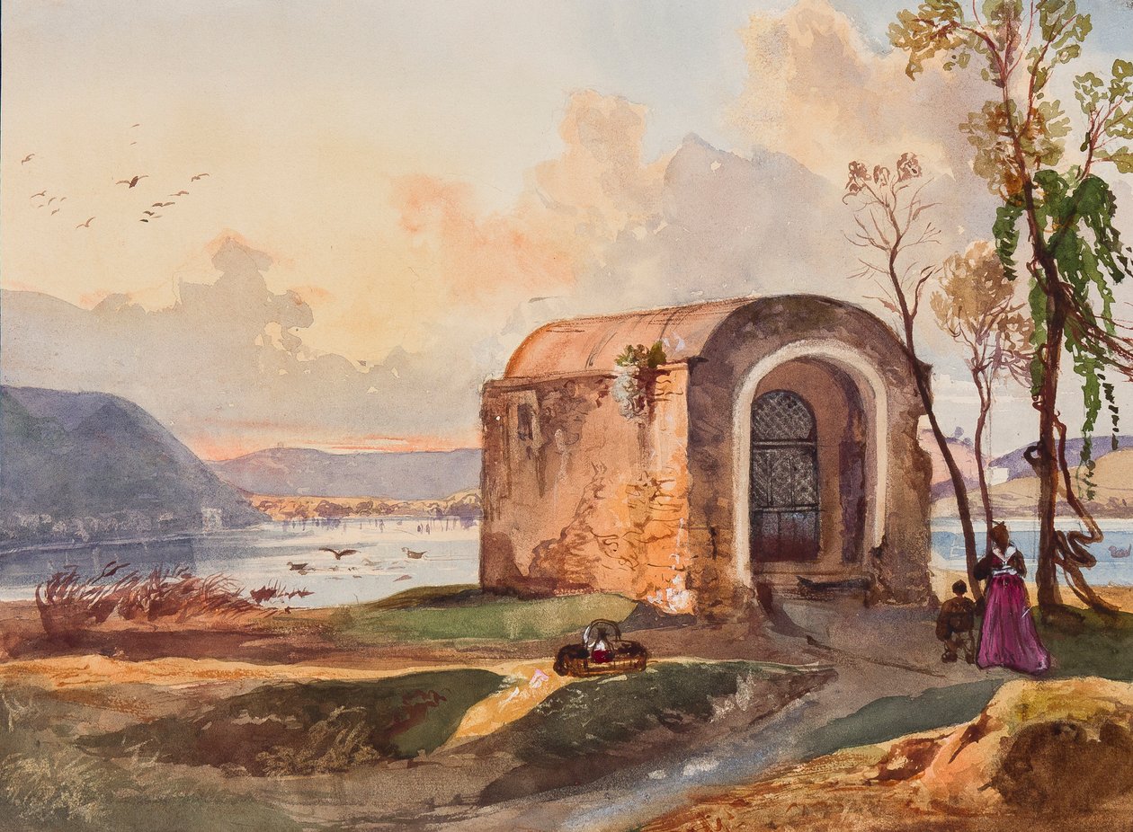 Kapell vid Lucrinosjön, med tillägg av en Borbone-elev, möjligen prinsessan Maria Annunziata di Borbone (1843-1871) (penna, wc och gouache på papper) av Giacinto Gigante