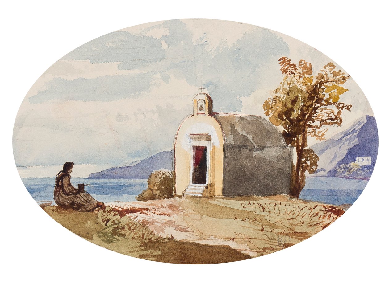 Kapell vid havet, med tillägg av prinsessan Maria Annunziata di Borbone (1843-1871) (penna, wc och gouache på papper) av Giacinto Gigante
