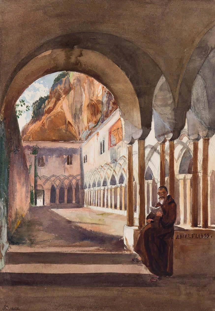 Klostret i Amalfi, med tillägg av prins Luigi Maria di Borbone (1838-1886), 1855 (penna och wc på papper) av Giacinto Gigante