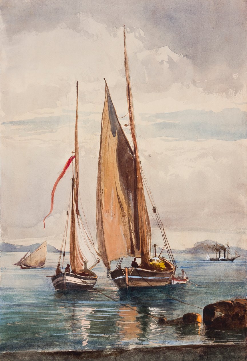 Fiskebåtar och ångfartyg, med tillägg av prins Alfonso Maria di Borbone (1841-1934) (blyerts, wc och gouache på papper) av Giacinto Gigante