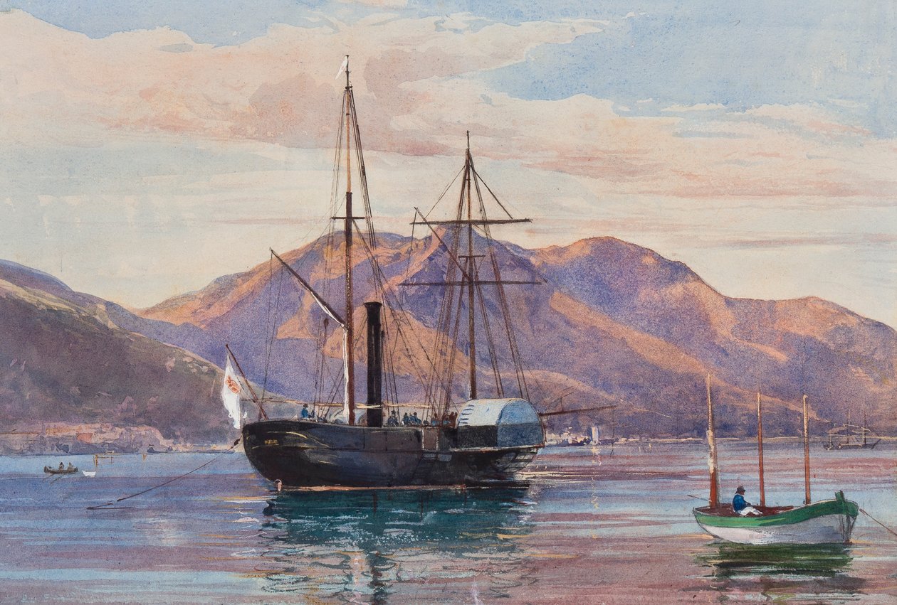 Gaeta: en ångfregatt, möjligen det kungliga ångfartyget Delfino eller Archimede som för Borbone-flaggan, med tillägg av en Borbone-elev, möjligen prinsessan Maria Annunziata di Borbone (1843-1871) (penc av Giacinto Gigante