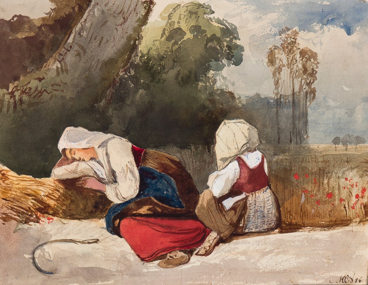 Gleaners resting, med tillägg av prinsessan Maria Annunziata di Borbone (1843-1871), 1854 (penna, wc och gouache på papper) av Giacinto Gigante