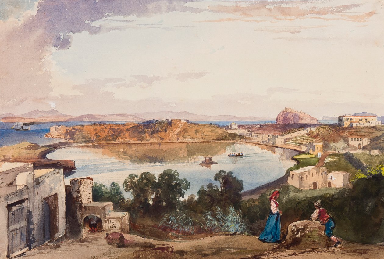 Ischia, kaldera strax innan ingången till havet skars av, kungliga palatset till höger, med tillägg av prins Alfonso Maria di Borbone (1841-1934), 1853 (blyerts, wc och gouache på papper) av Giacinto Gigante