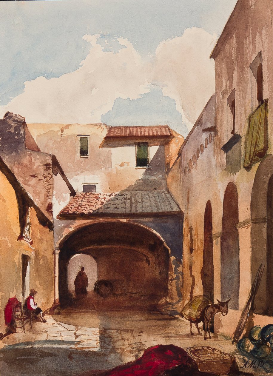 Passage och gata med figurer, med tillägg av prins Alfonso Maria di Borbone (1841-1934), 1853 (penna, wc och gouache på papper) av Giacinto Gigante