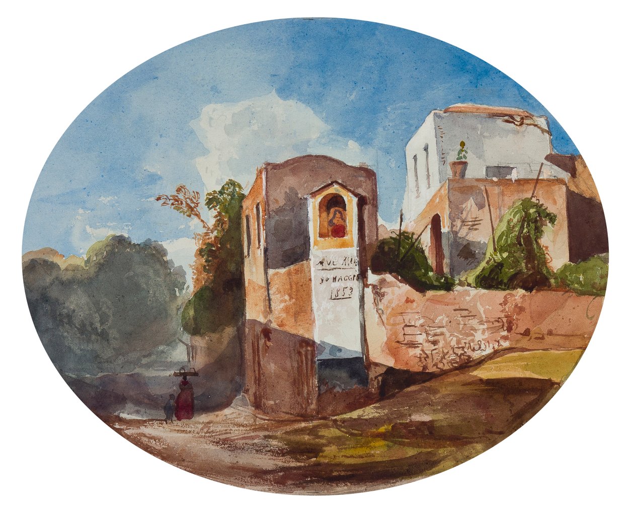 Helgedom vid vägkanten, med tillägg av en Borbone-elev, 1853 (penna, wc och gouache på papper) av Giacinto Gigante