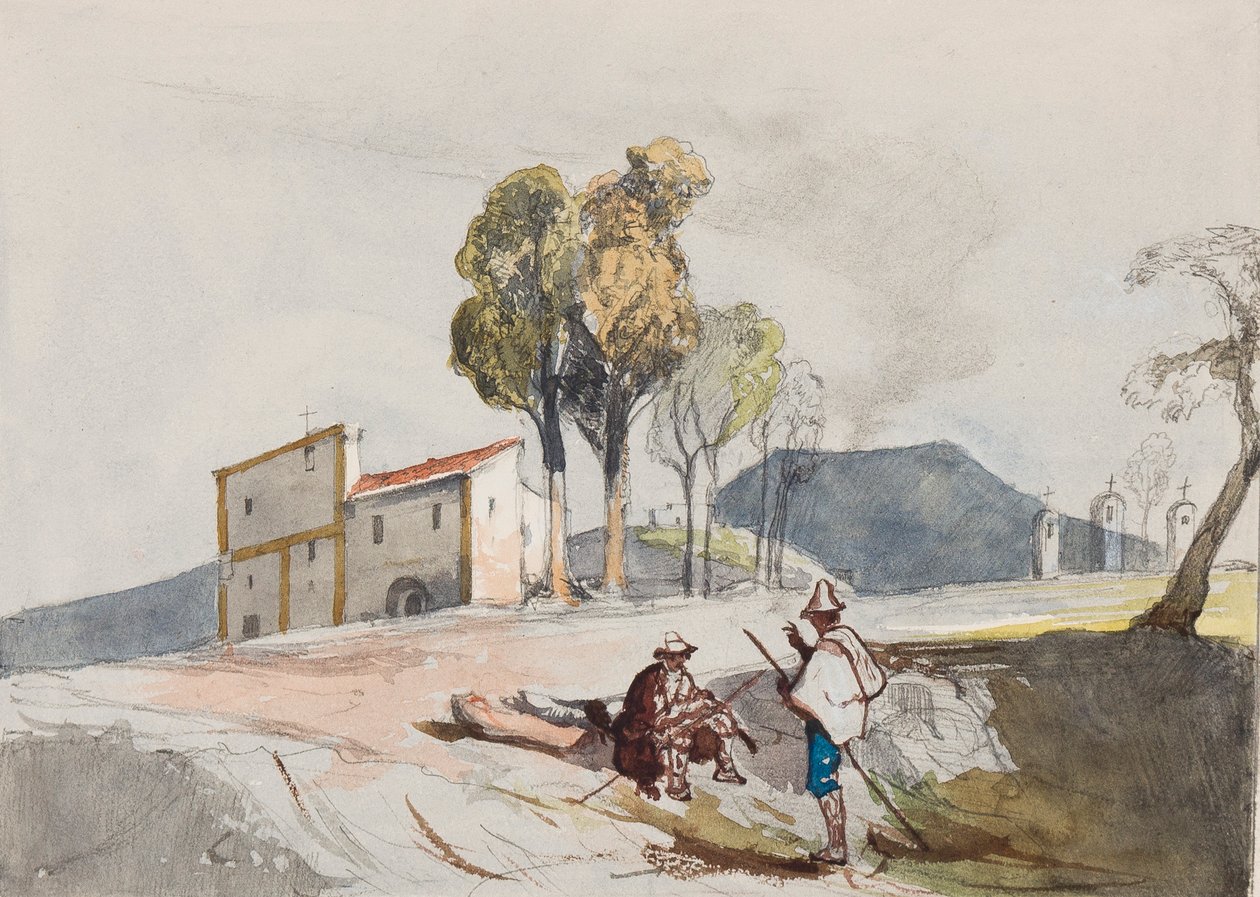 Herdar med Vesuvius i fjärran, med tillägg av en Borbone-pupill (penna, wc och gouache på papper) av Giacinto Gigante