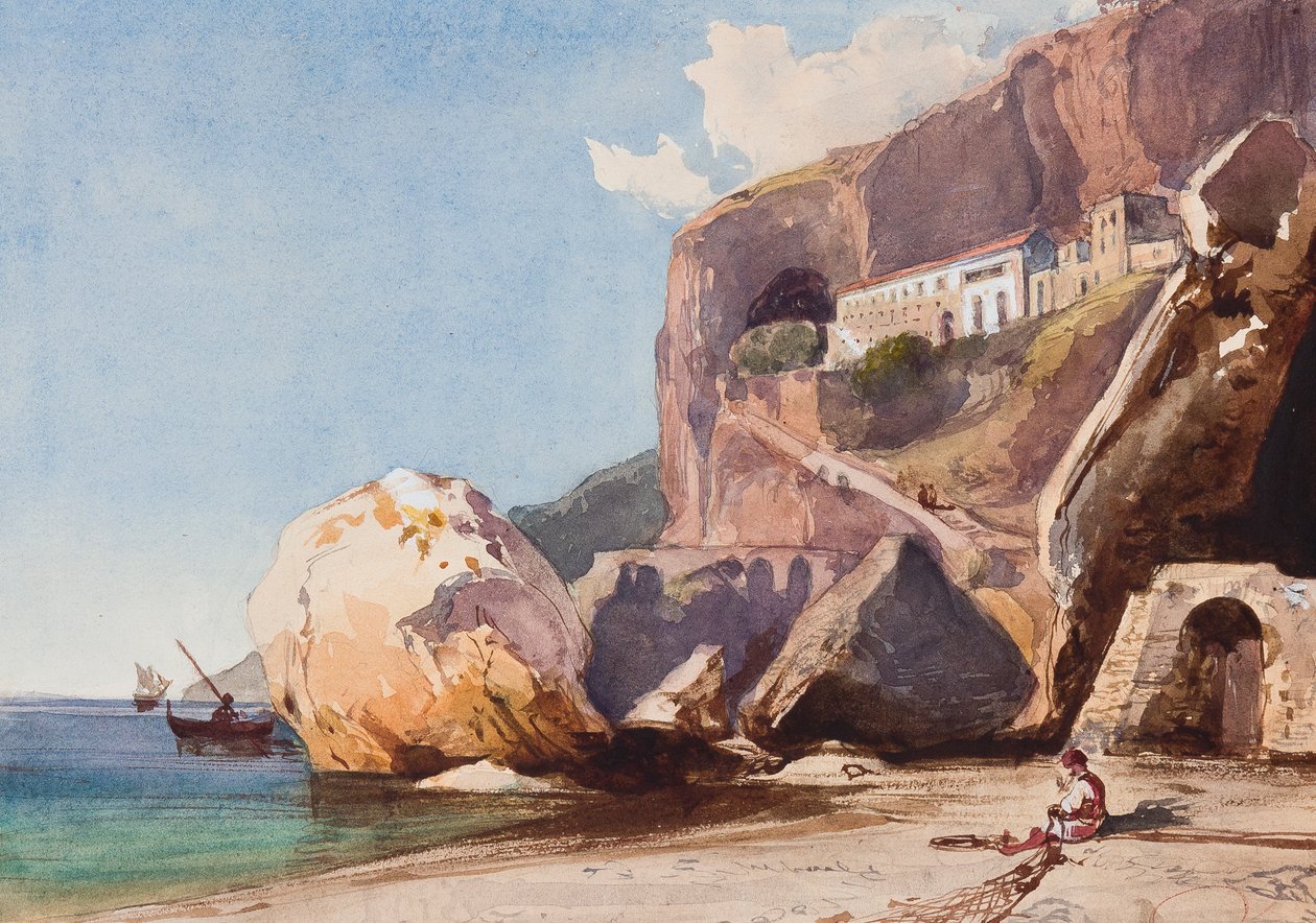 Kapucinerklostret i Amalfi från stranden, med tillägg av prins Alfonso Maria di Borbone (1841-1934) (penna, wc och gouache på papper) av Giacinto Gigante