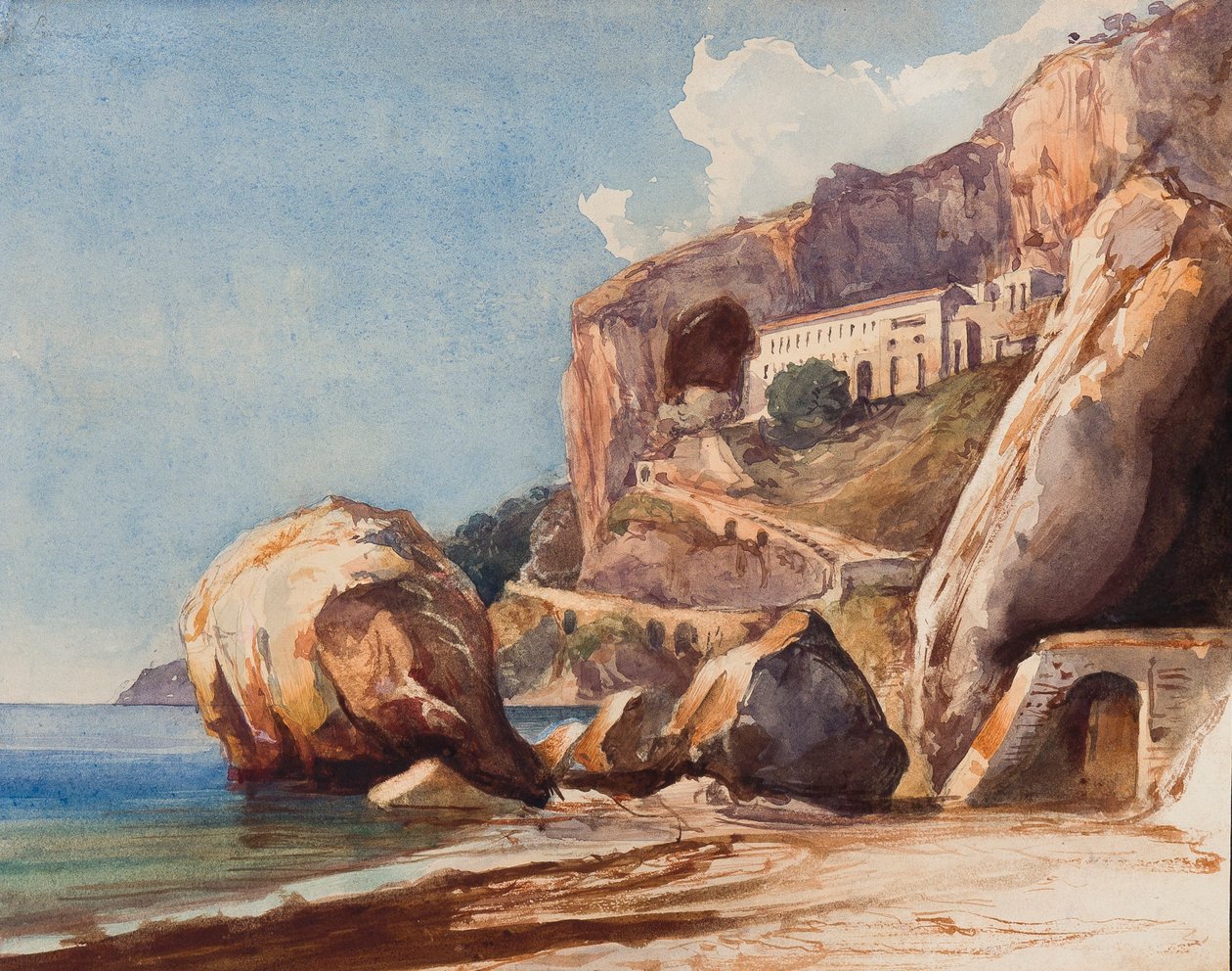 Kapucinerklostret i Amalfi från stranden, med tillägg av en elev från Borbone (penna och wc på papper) av Giacinto Gigante