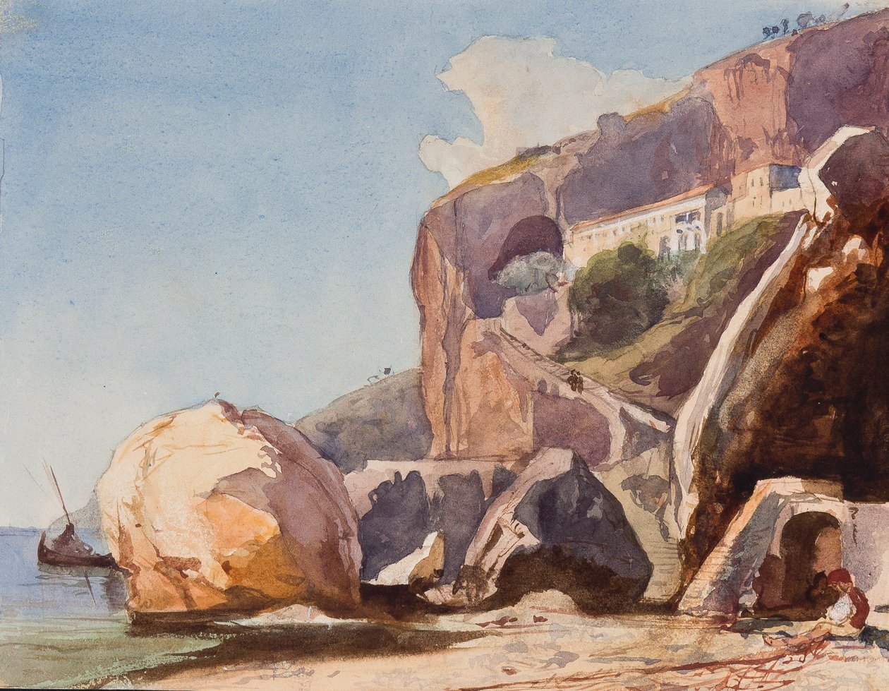 Kapucinerklostret i Amalfi från stranden, med tillägg av en elev från Borbone (blyerts, wc och gouache på papper) av Giacinto Gigante