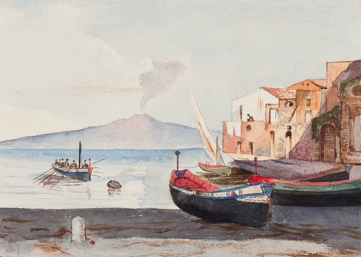 Vesuvius från Sorrento, med tillägg möjligen av prinsessan Maria Annunziata di Borbone (1843-1871) (penna och wc på papper) av Giacinto Gigante