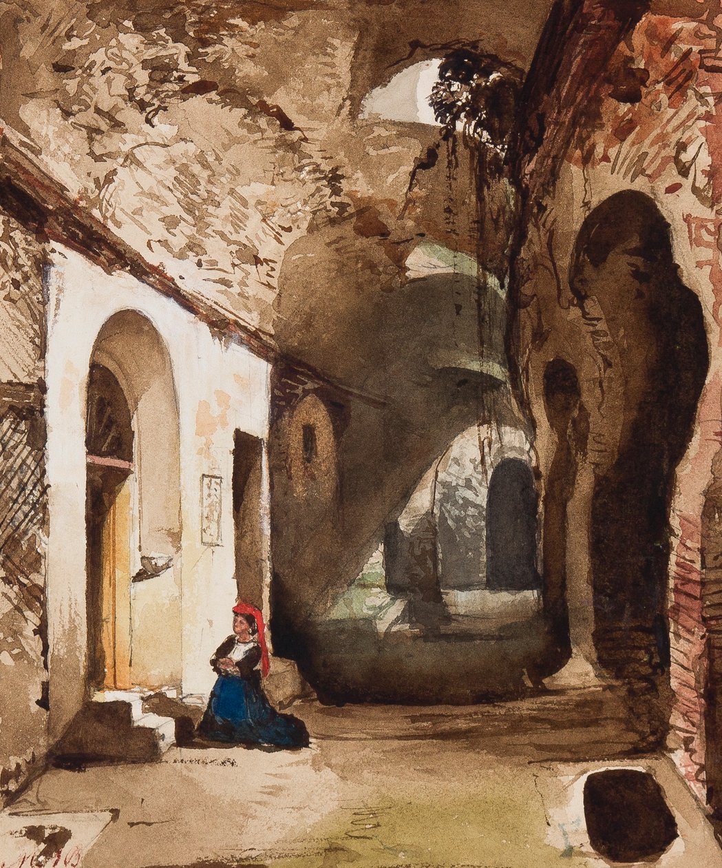 Kvinna som ber vid den välvda helgedomen i amfiteatern i Pozzuoli, med tillägg av prinsessan Maria Annunziata di Borbone (1843-1871) (penna, wc och gouache på papper) av Giacinto Gigante