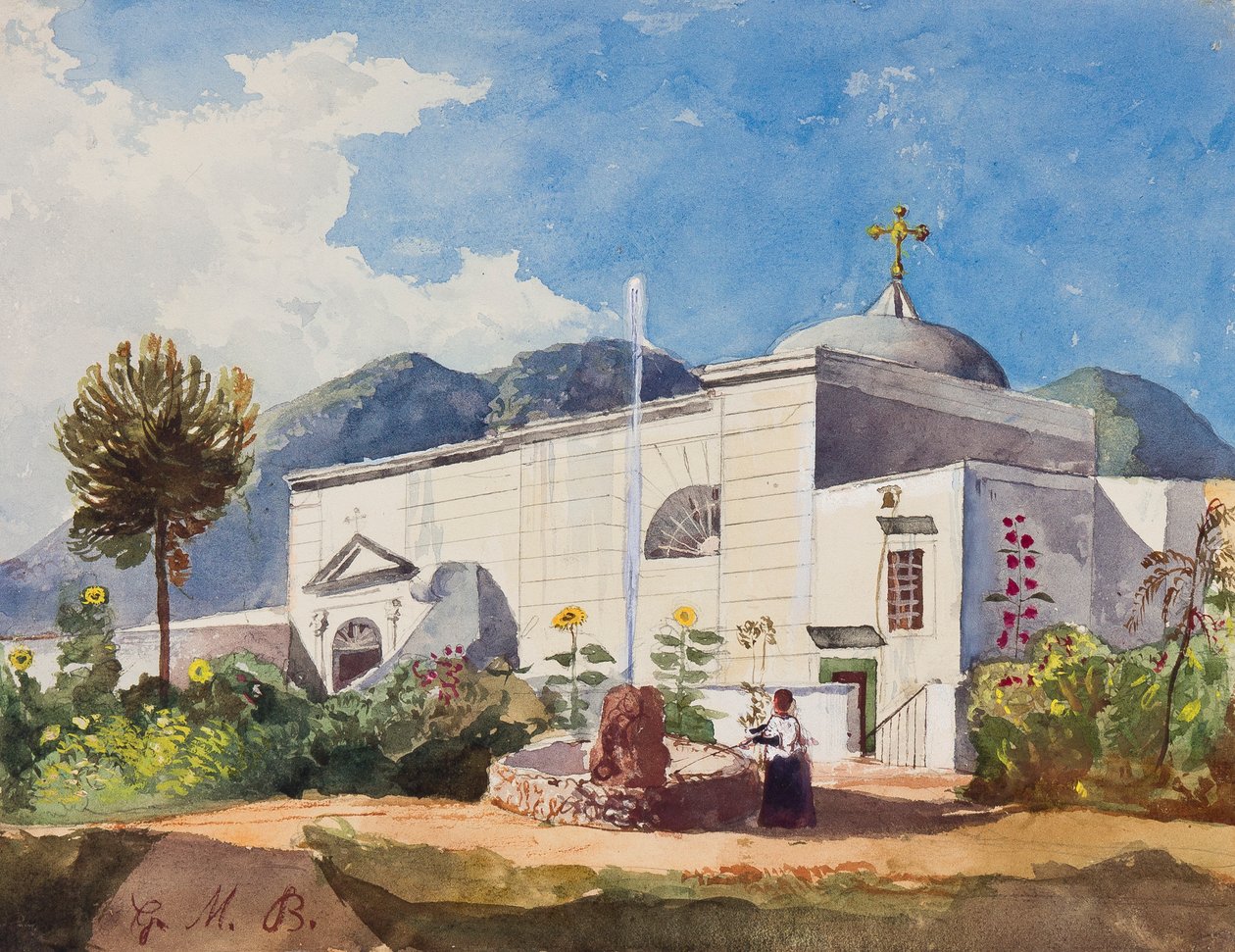 Kyrka och fontän, möjligen trädgården till ett kungligt residens, med tillägg av prins Gaetano Maria Federico di Borbone (1846-1871) (penna, wc och gouache på papper) av Giacinto Gigante