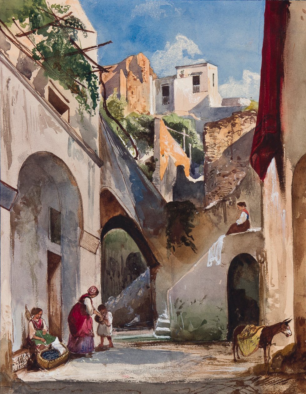 Hus på Costiera på den sorrentinska halvön, med tillägg av prinsessan Maria Annunziata di Borbone (1843-1871), 1853 (penna, wc och gouache på papper) av Giacinto Gigante