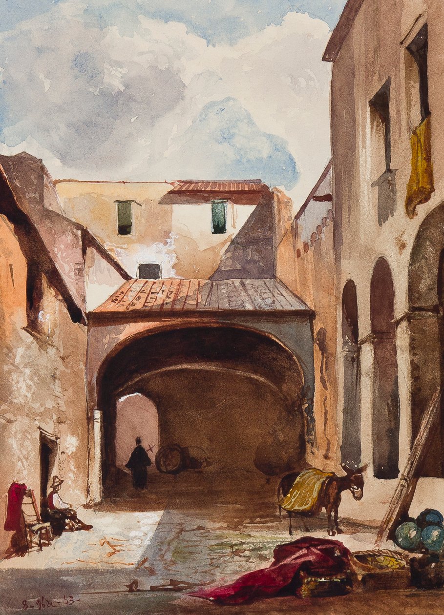 Passage och gata med figurer, med tillägg av en Borbone-elev, möjligen prins Alfonso Maria di Borbone (1841-1934), 1853 (penna, wc och gouache på papper) av Giacinto Gigante
