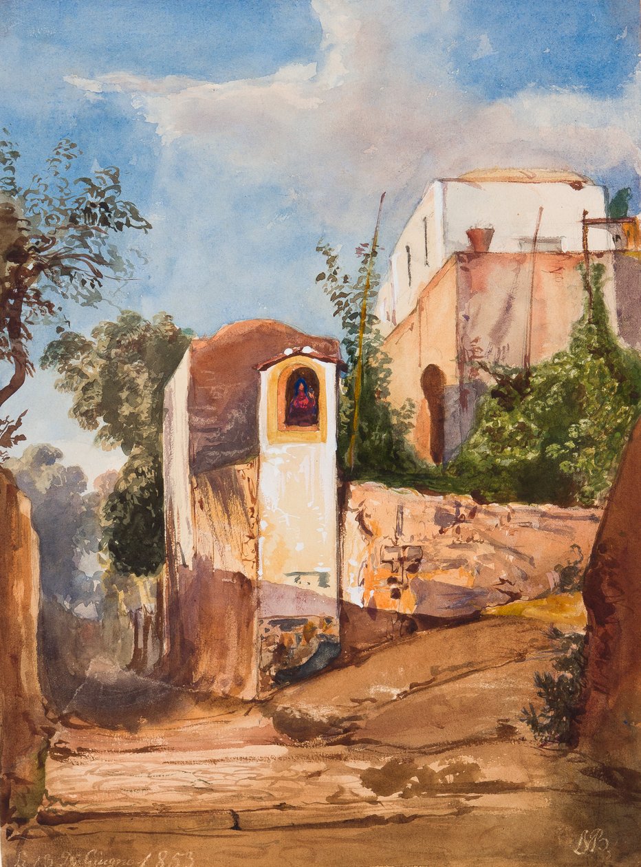 Helgedom vid vägkanten, med tillägg av prins Luigi Maria di Borbone (1838-1886), 13 juni 1853 (penna, wc och gouache på papper) av Giacinto Gigante