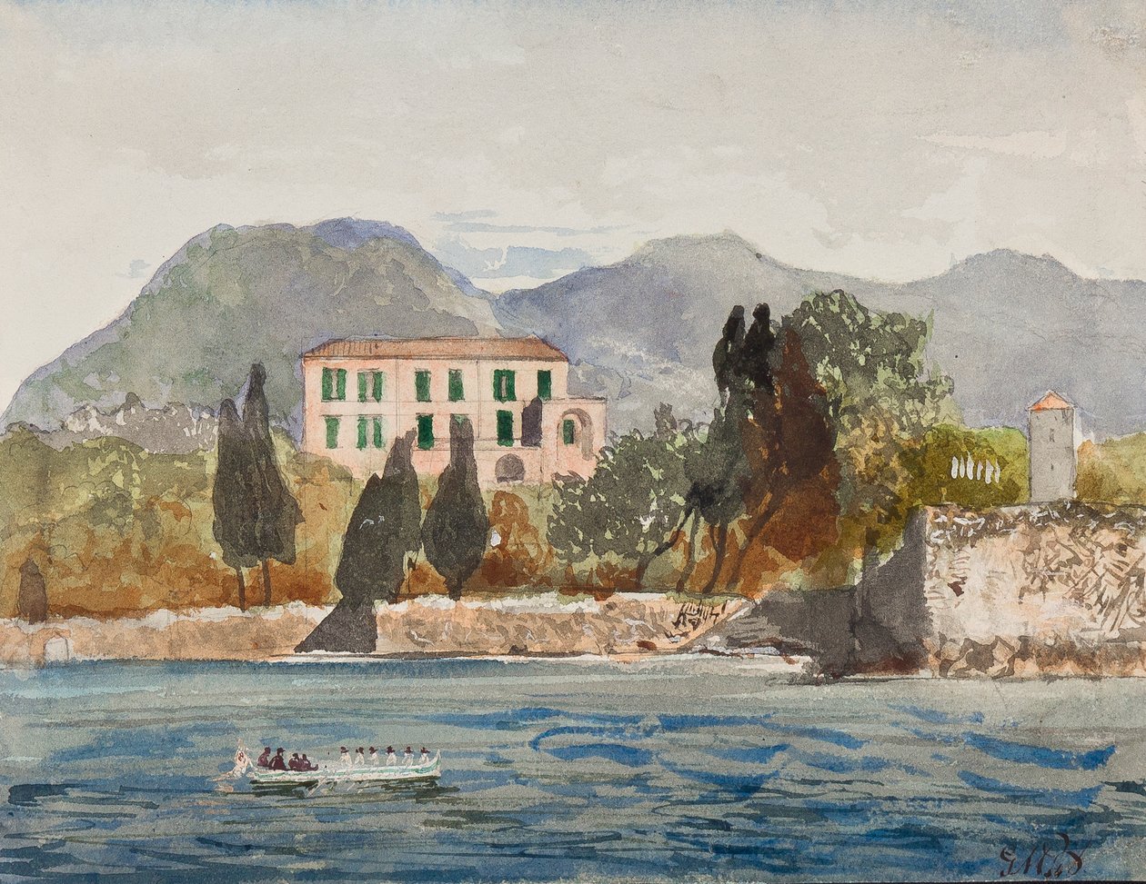 Roddpråm med Borbone-flaggan närmar sig ett stort hus på den napolitanska kusten, med tillägg av prins Gaetano Maria Federico di Borbone (1846-1871) (penna, wc och gouache) av Giacinto Gigante