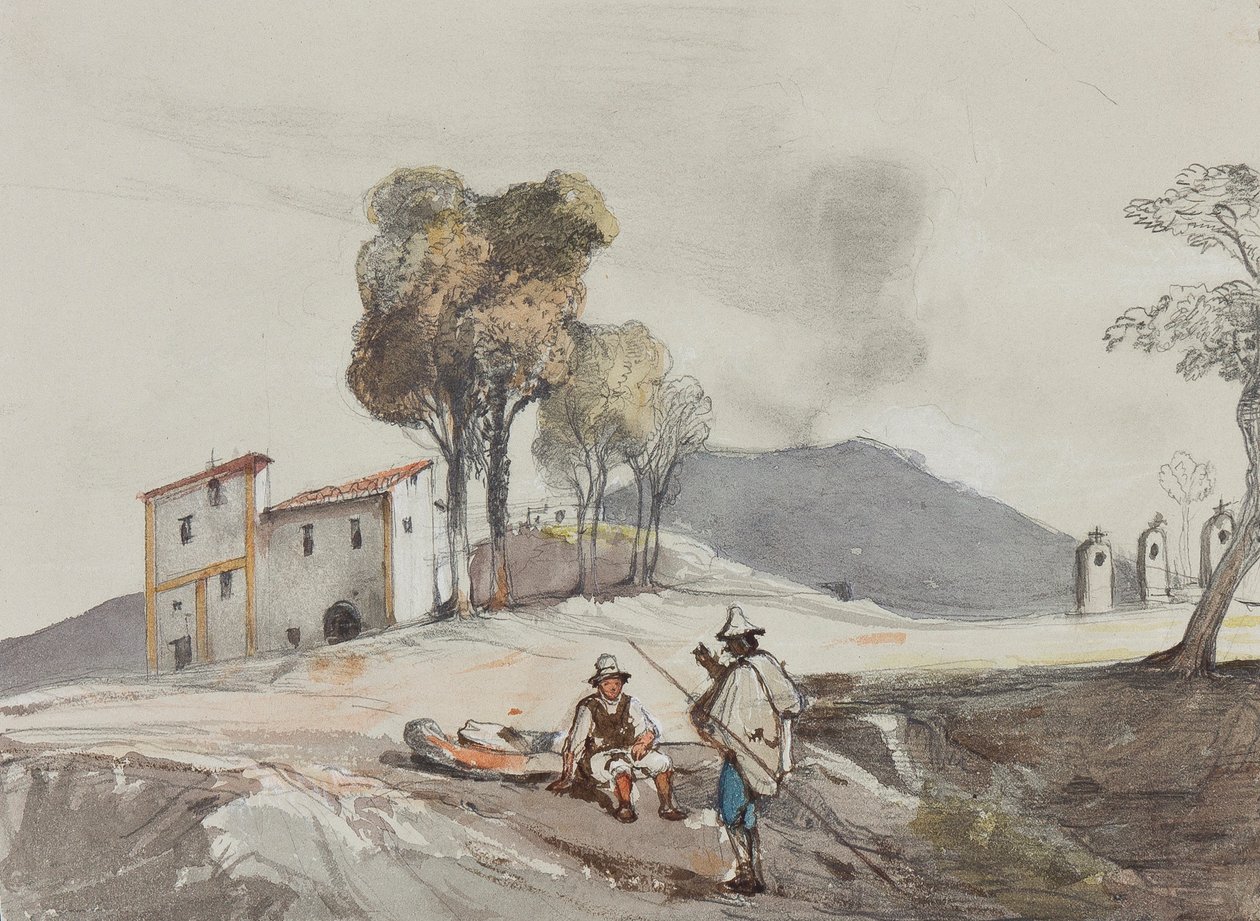 Herdar med Vesuvius i fjärran, med tillägg av en Borbone-pupill (penna, wc och gouache på papper) av Giacinto Gigante