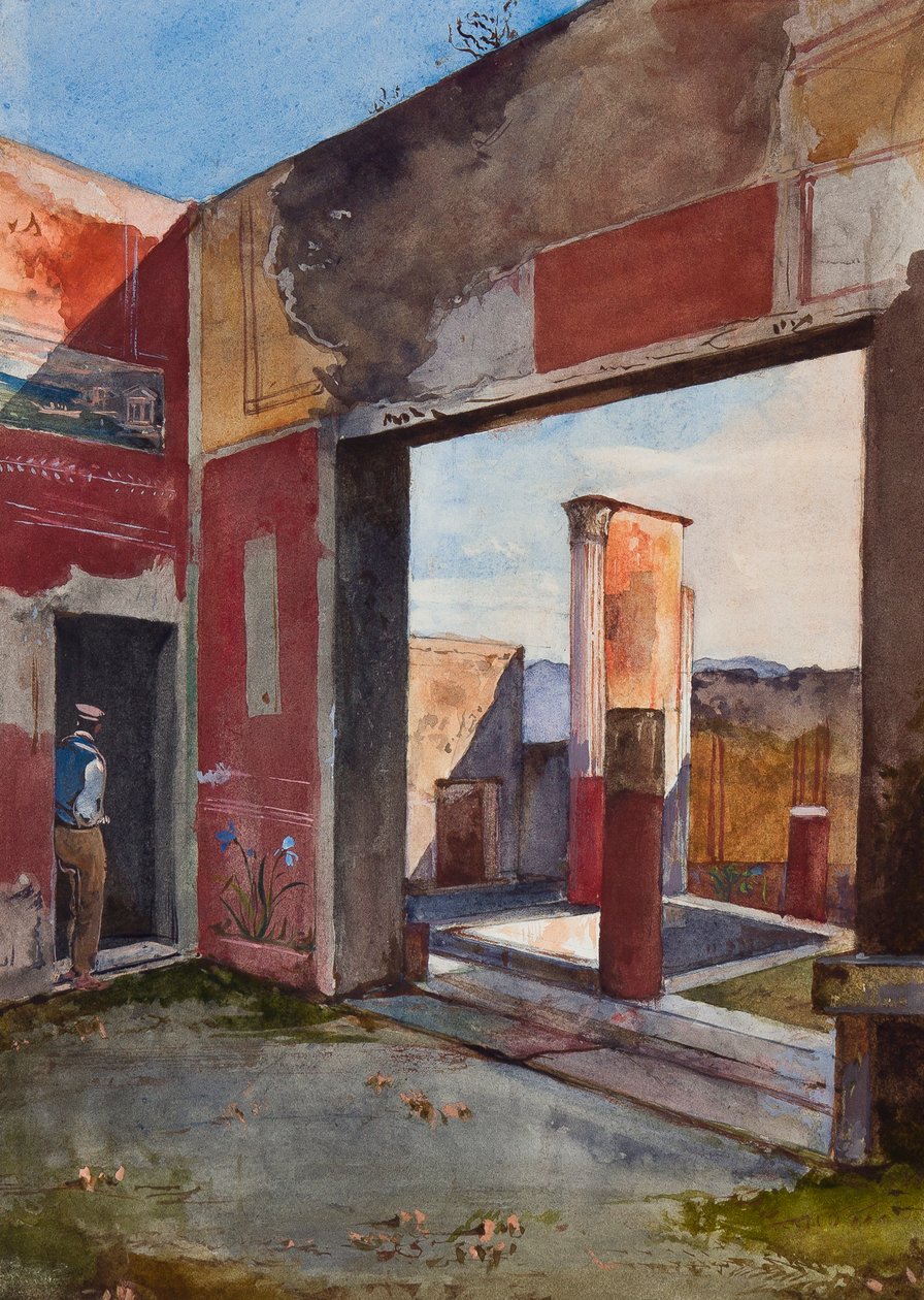 Huset Castor och Pollux i Pompeji med en officiell guide, med tillägg av en Borbone pupill (penna, wc och gouache på papper) av Giacinto Gigante