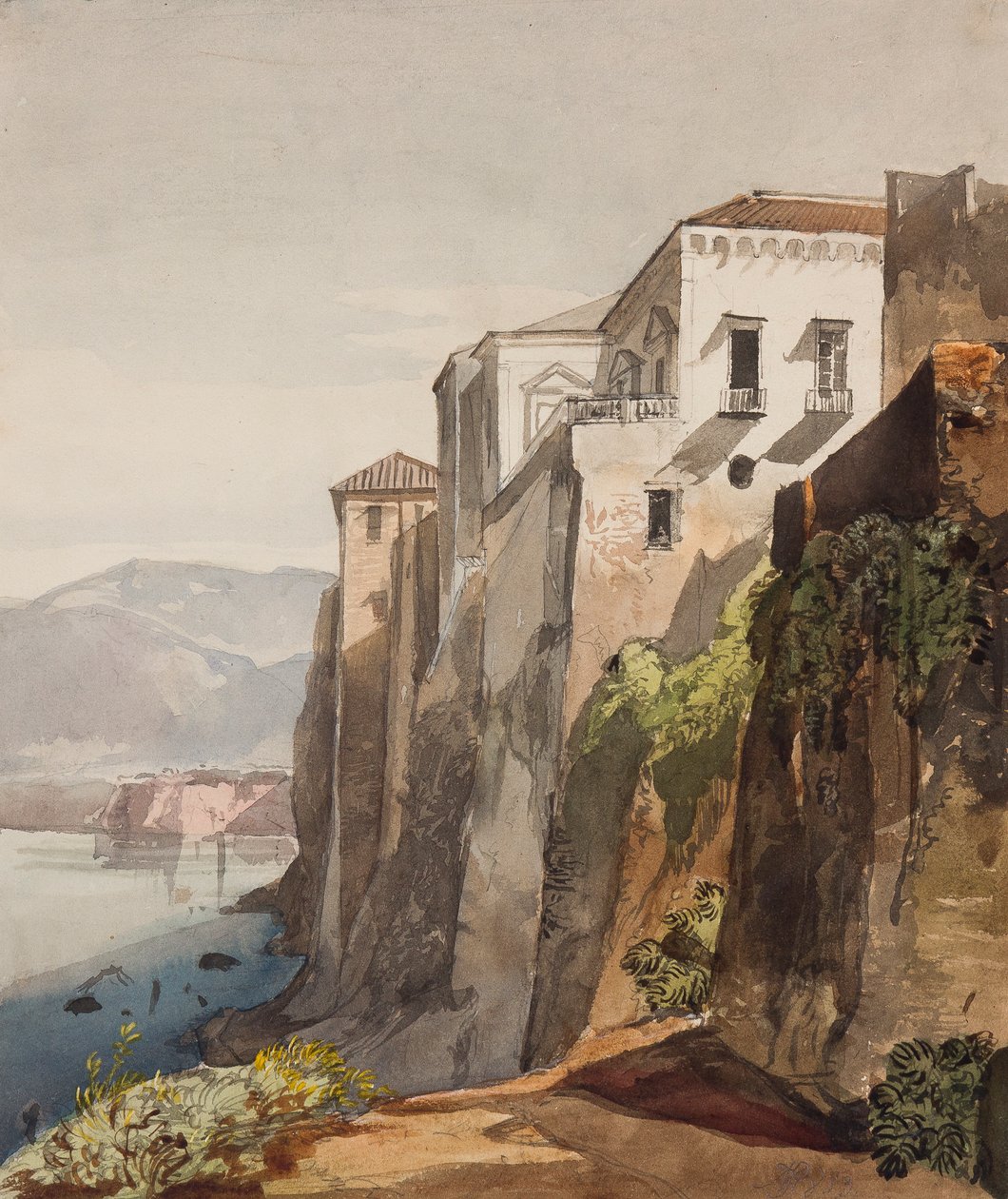 The House of Tasso, Sorrento, med tillägg av prinsessan Maria Annunziata di Borbone (1843-1871), 1853 (penna, wc och gouache på papper) av Giacinto Gigante