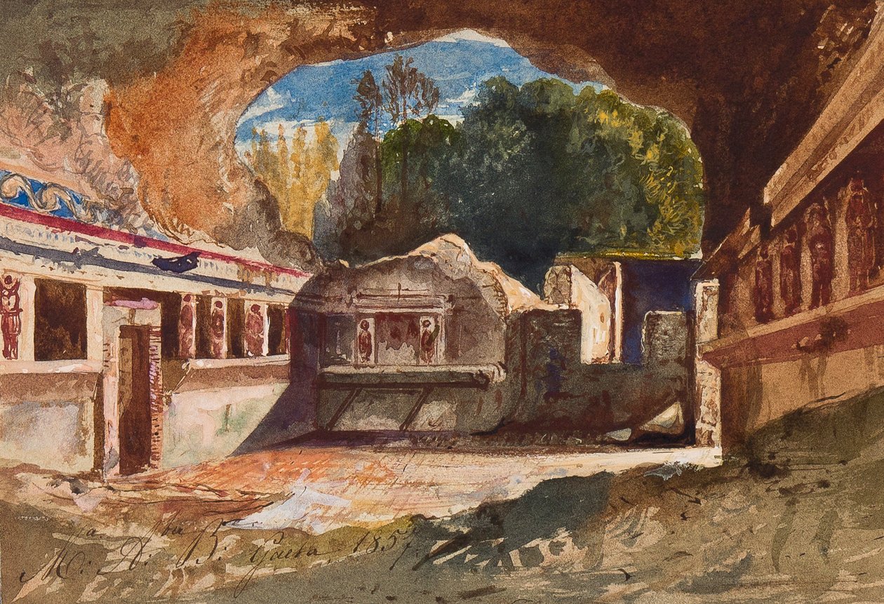 Tepidarium, Pompeji, med tillägg av prinsessan Maria Annunziata di Borbone (1843-1871), 1857 (penna, wc och gouache på papper) av Giacinto Gigante