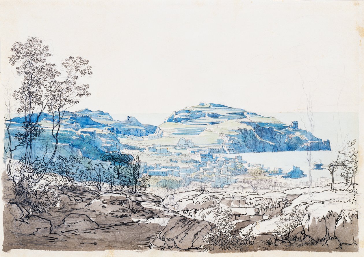 Utsikt över Ischia (Lacco Ameno), ca 1845 (blyerts, penna och akvarell) av Giacinto Gigante