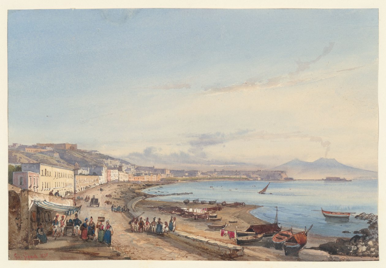 Utsikt över Neapel och Vesuvius från Posillipo, en av fyra små vyer över Neapel ur ett ”Album Amicorum” av Giacinto Gigante