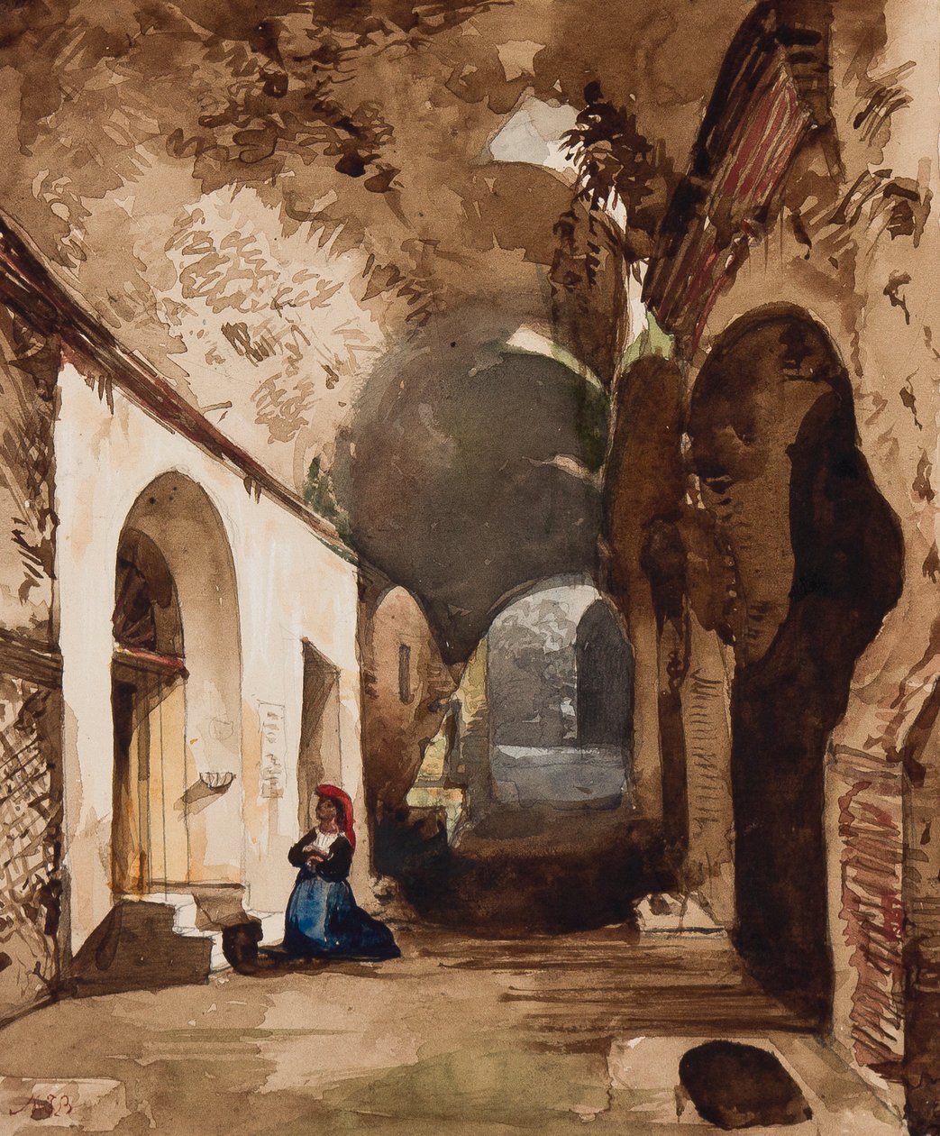Kvinna som ber vid den välvda helgedomen i amfiteatern i Pozzuoli, med tillägg av prinsessan Maria Annunziata di Borbone (1843-1871) (penna, wc och gouache på papper) av Giacinto Gigante