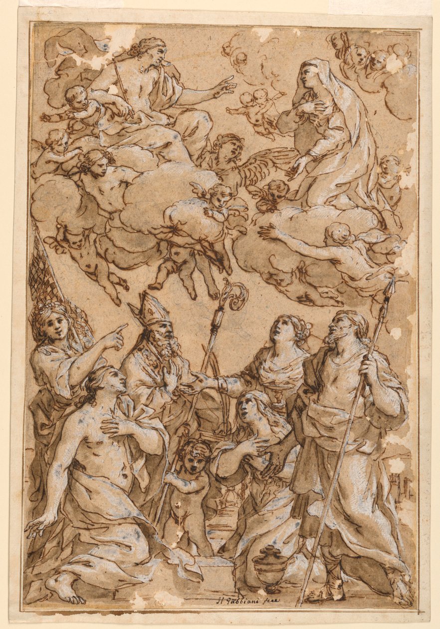 Teckning, Kristus och jungfrun med skyddshelgon från Pistoia, 1638 av Giacinto Gimignani