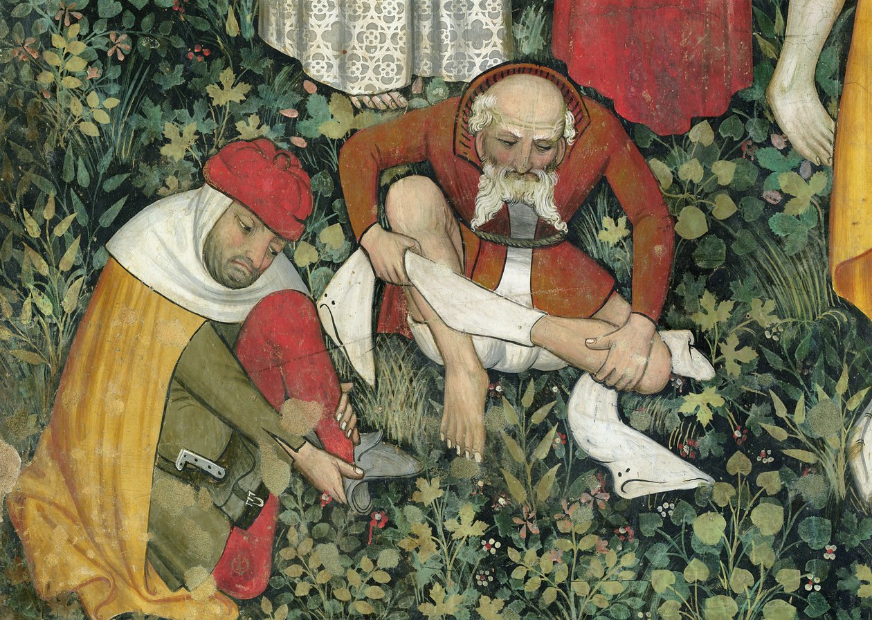 Livets fontän, detalj av äldre män som klär av sig, 1418-30 fresk av Giacomo Jaquerio