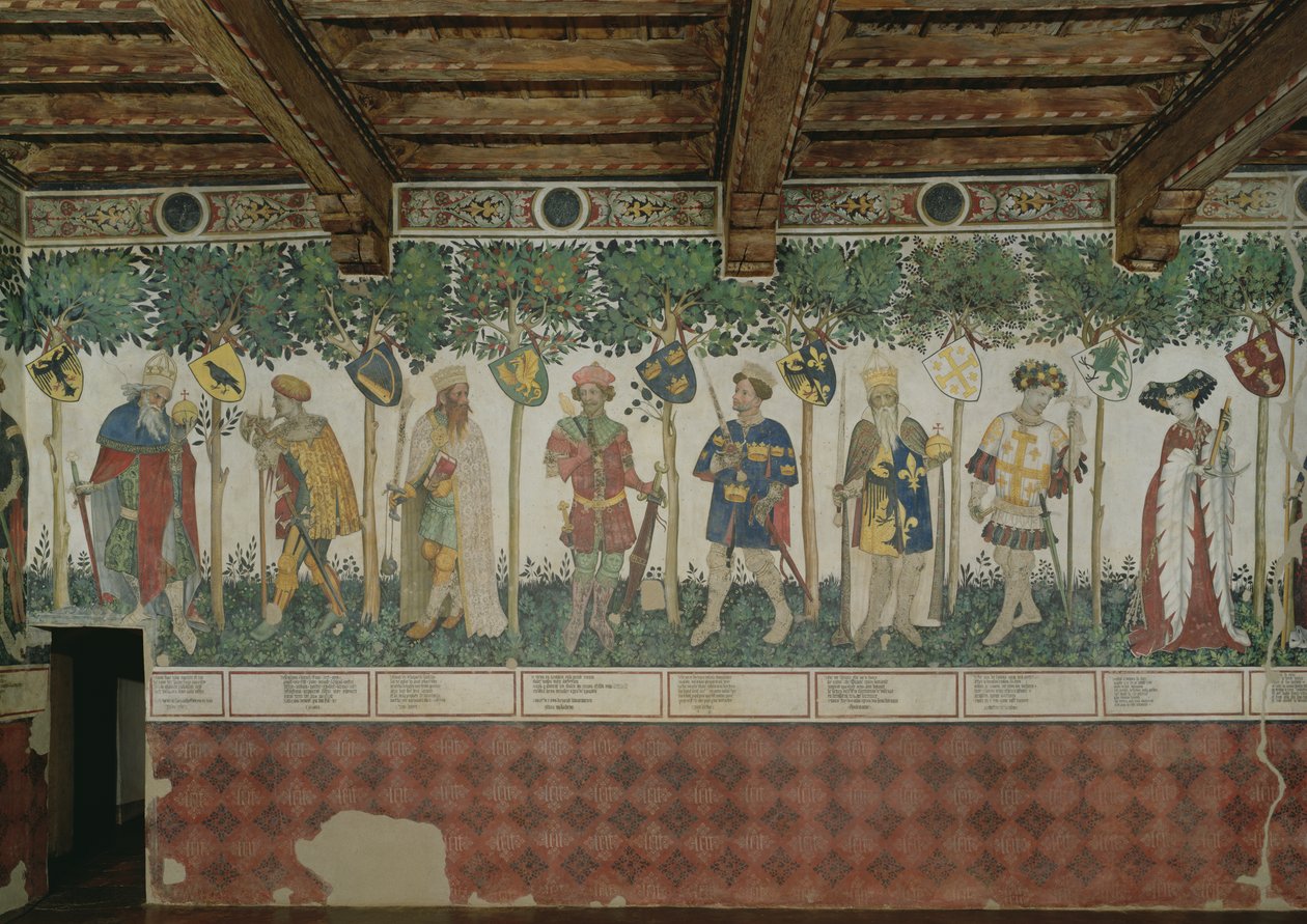 De ni værdige og de ni værdige kvinder, detalje af Julius Cæsar, Joshua, kong David, Judas Maccabeus, kong Arthur, Karl den Store, Godfrey de Bouillon og Delphine, 1418-30 swed av Giacomo Jaquerio