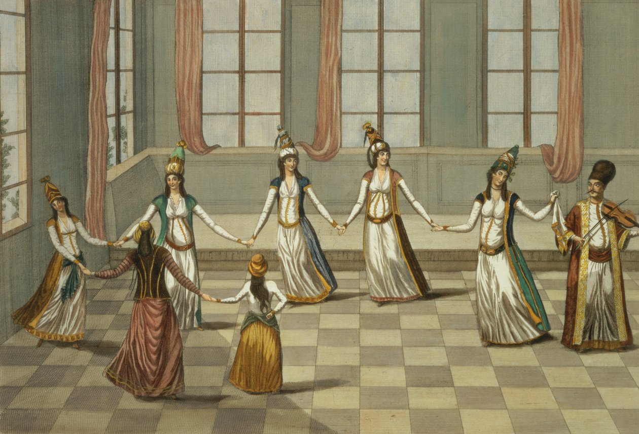 Dans som är på modet med de grekiska kvinnorna i Konstantinopel, ledd av kvinnan som håller en näsduk, graverad av Ignazio Colombo, ca 1816 av Giacomo Leonardis