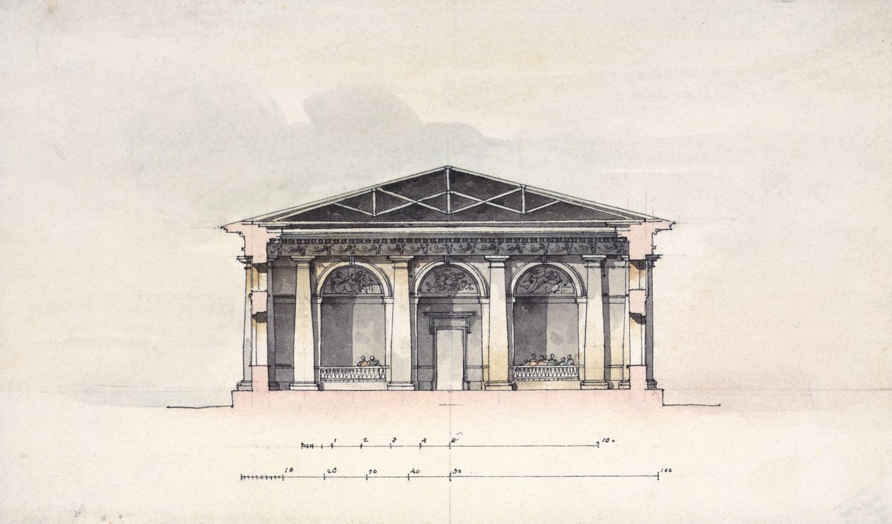 Tvärsnittsvy av ridstallet i Tsarskoye Selo, 1792 (penna och bläck och wc på papper) av Giacomo Antonio Domenico Quarenghi