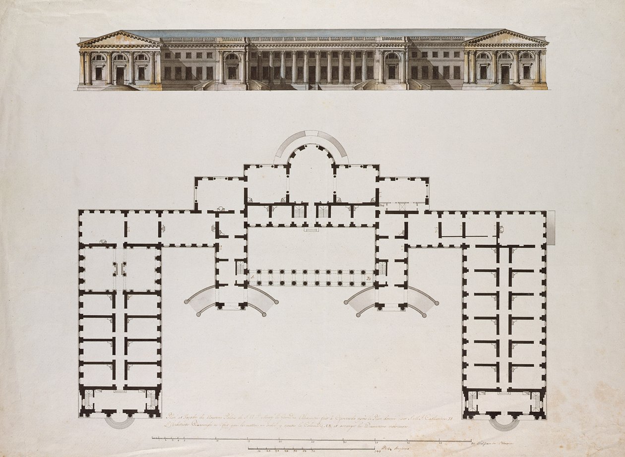 Norra höjden och grundplanen för Alexanderpalatset i Tsarskoje Selo, ca 1780-talet (penna och svart och brunt bläck, grått tvätt och wc på papper) av Giacomo Antonio Domenico Quarenghi