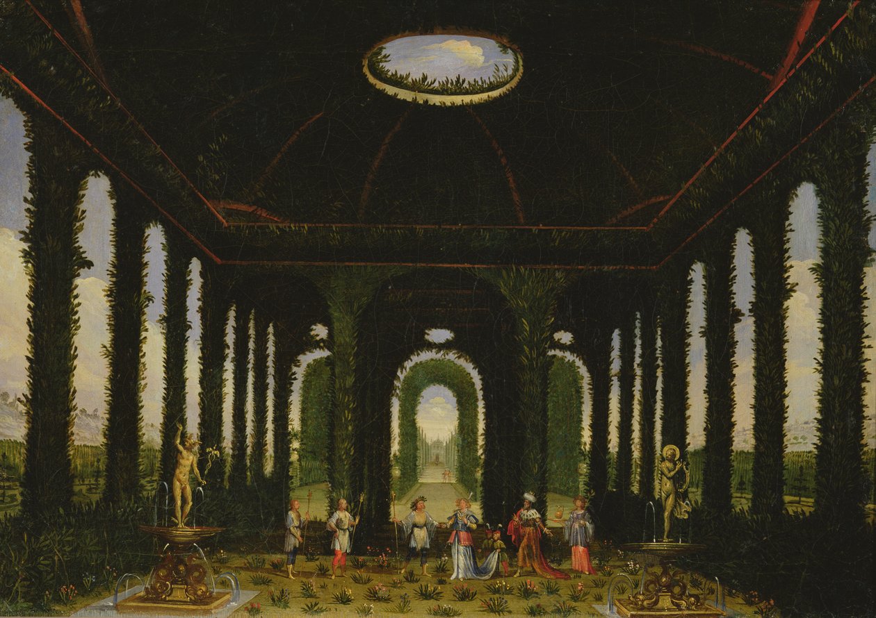 Akt III, scener XI och XIII: trädgård i form av en paviljong av Giacomo Torelli