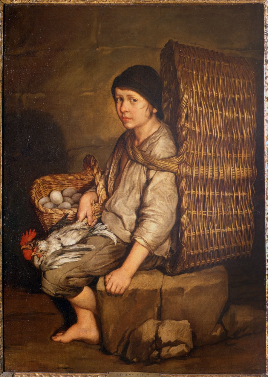 Ärendepojke sittande med en korg på ryggen, ägg och fågel, ca 1735 (olja på duk) av Giacomo Ceruti