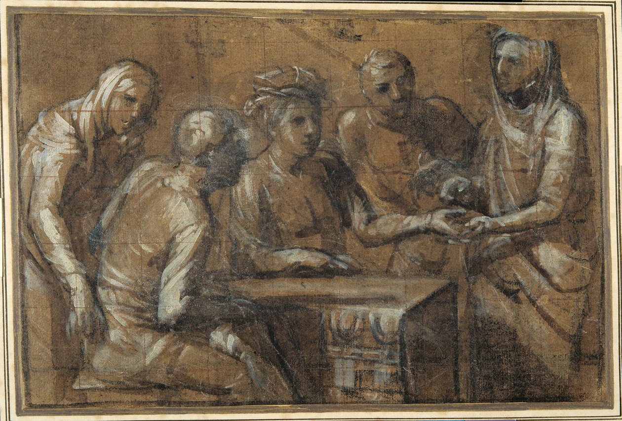 Fem figurer i en interiör (kol förhöjd med vit kroppsfärg) av Giacomo (attr. to) Cavedone