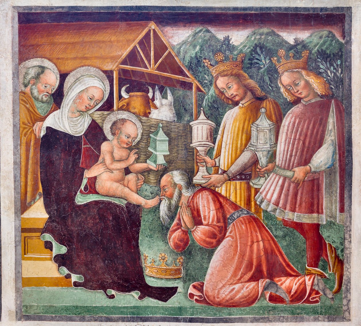 Tillbedjan av Magi, detalj från Jesu liv av Giacomo Borlone de Buschis