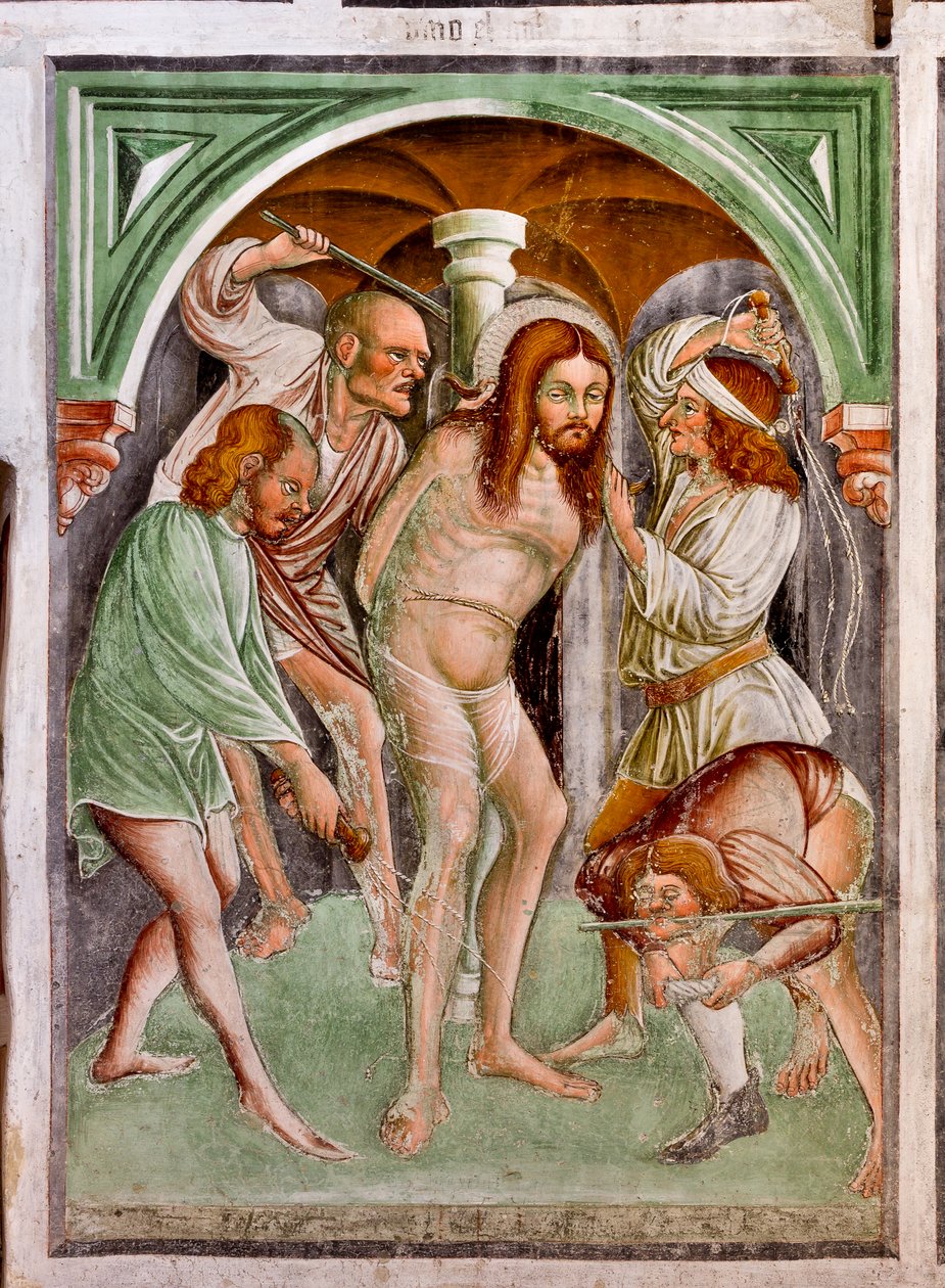 Flagellering, detalj från Jesu liv av Giacomo Borlone de Buschis