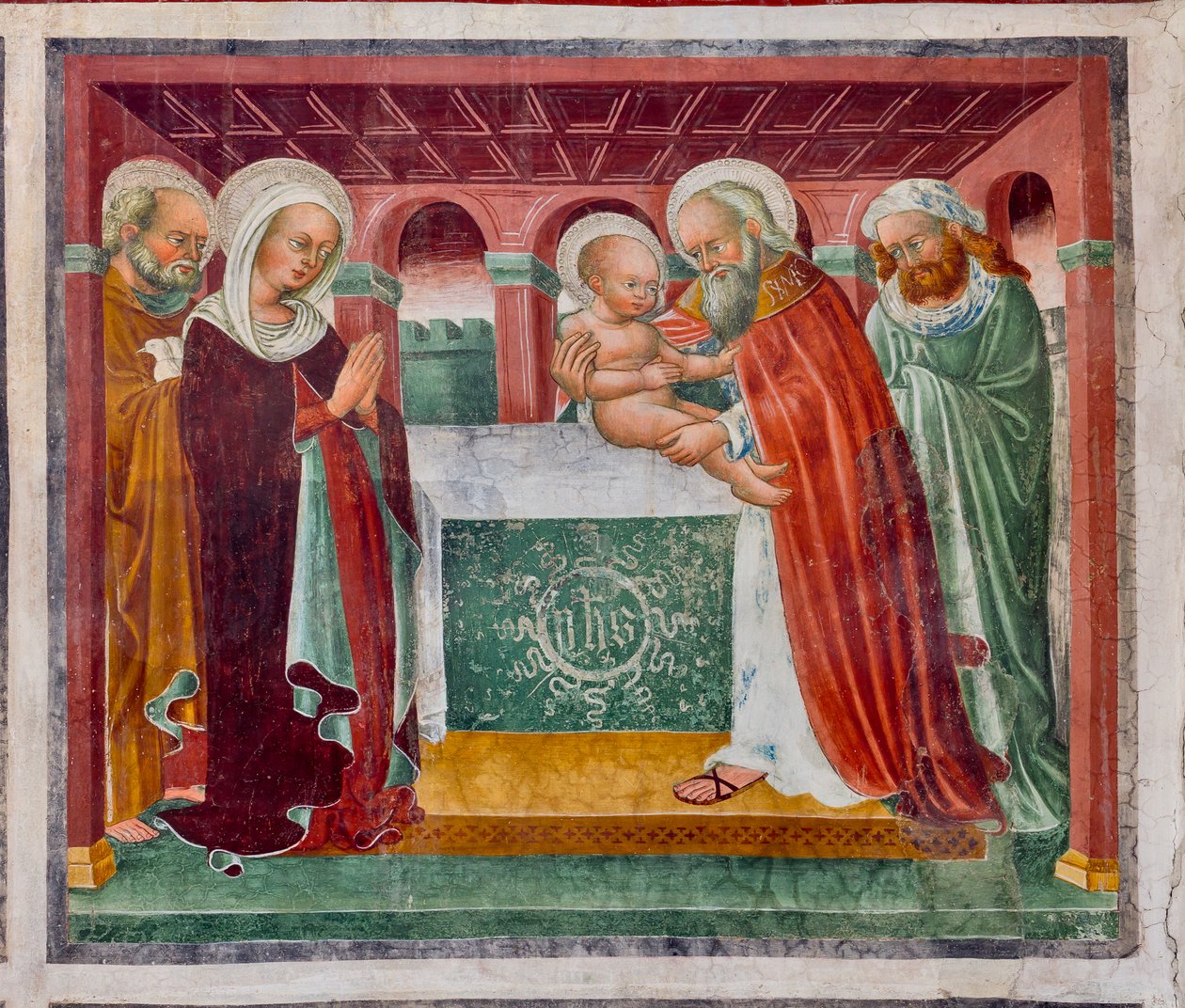 Presentation av Jesus i templet, detalj från Jesu liv av Giacomo Borlone de Buschis