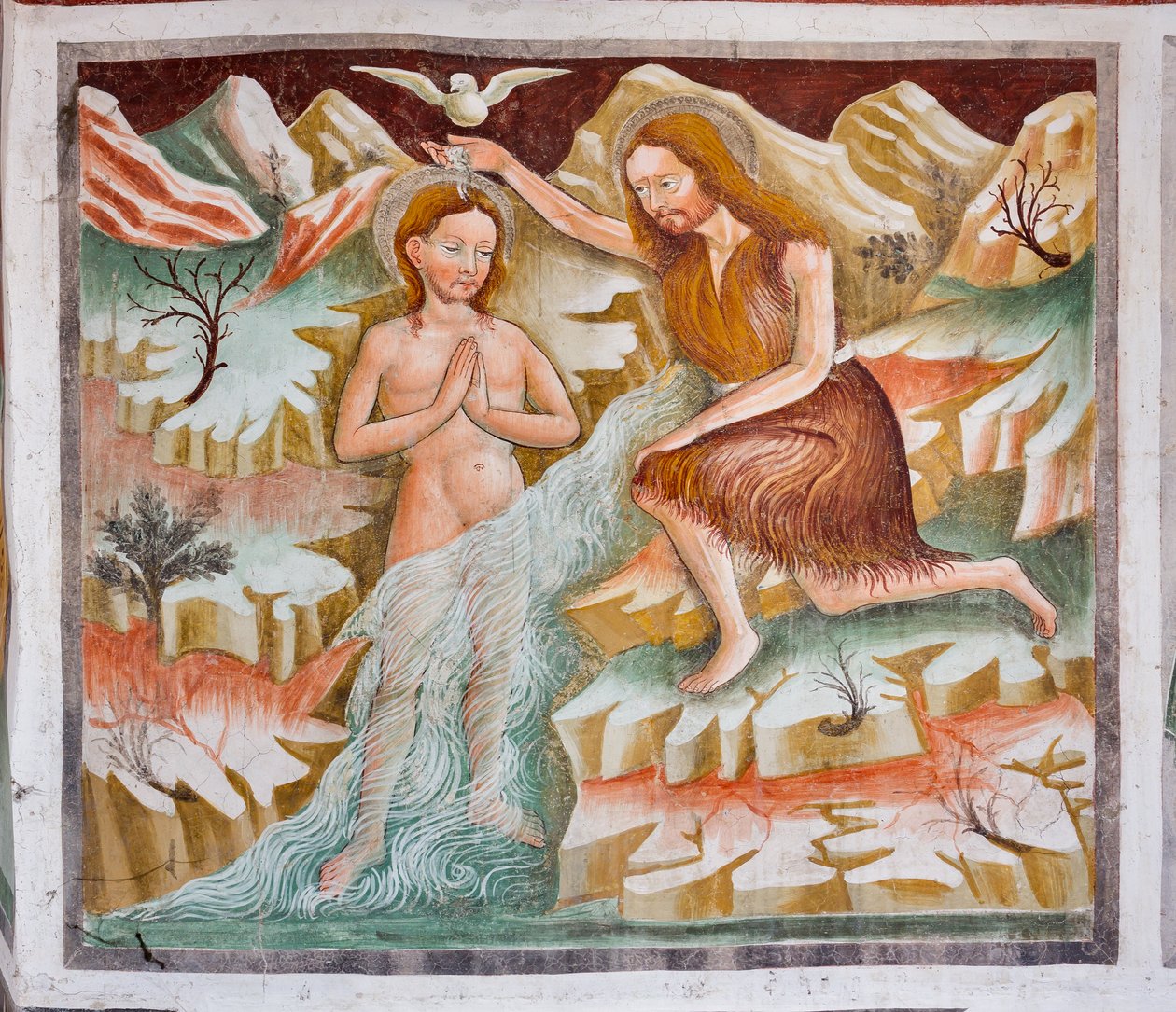 Johannes döparen döper Jesus i Jordanfloden, detalj från Jesu liv av Giacomo Borlone de Buschis